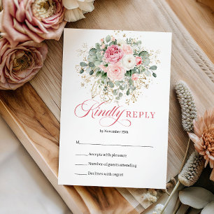 Klassiska Blush Rosor Eukalyptus Guld Bröllop RSVP OSA Kort