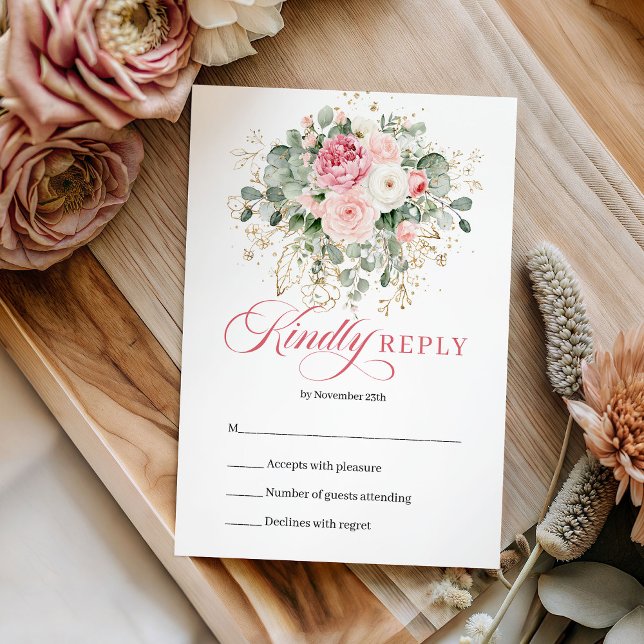 Klassiska Blush Rosor Eukalyptus Guld Bröllop RSVP OSA Kort (Classic Blush Roses Eucalyptus Gold Wedding RSVP)