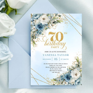 Klassiska boho blå blommor eukalyptus 70-årsdag inbjudningar