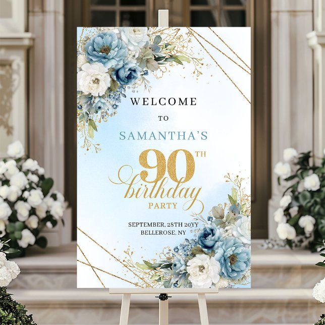 Klassiska boho blå blommor eukalyptus 90-årsdag poster (Classic boho blue florals eucalyptus 90th birthday sign

)