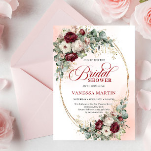 Klassiska Boho Burgunder Blommor & Guld Bröllopsfe Inbjudningar