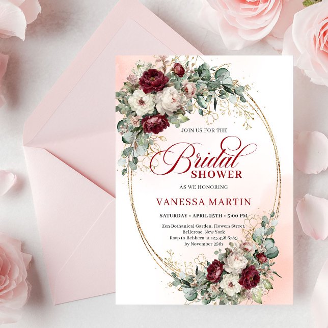 Klassiska Boho Burgunder Blommor & Guld Bröllopsfe Inbjudningar (Classic Burgundy Flowers & Gold Bridal Shower Invitation)