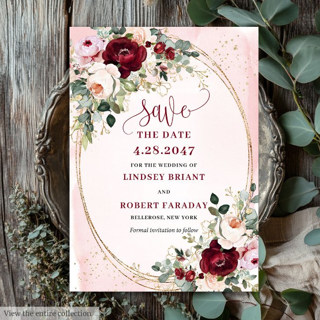 Klassiska Boho Burgunder Rosa Guld Rosor Spara Dat Inbjudningar (Classic Boho Burgundy Blush Gold Roses Save Date)