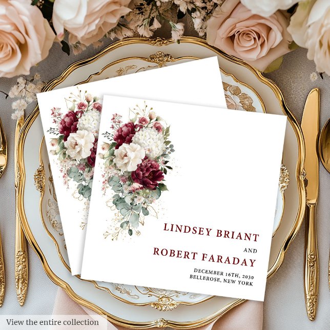 Klassiska Boho Maroon Rosor Bröllopspapper Pappersservett (Classic Boho Maroon Blush Gold Roses Wedding Paper Paper Dinner Napkins)