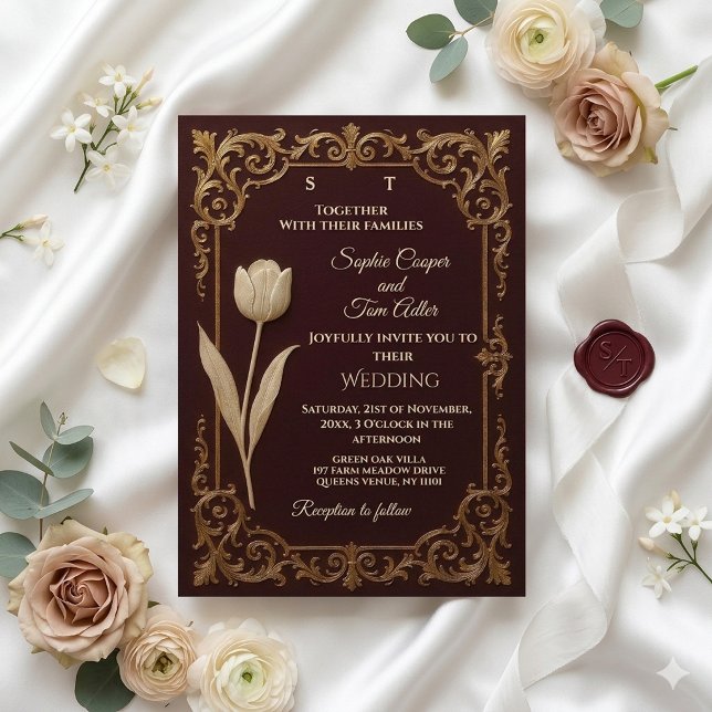 Klassiska Burgunder Elfenben Guld Barock Tulpaner  Inbjudningar (Classic Burgundy Ivory Gold Baroque Tulips Wedding Invitation)