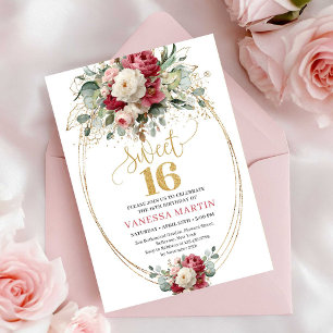 Klassiska Burgunderröda Blommiga Sweet Sixteen-inb Inbjudningar