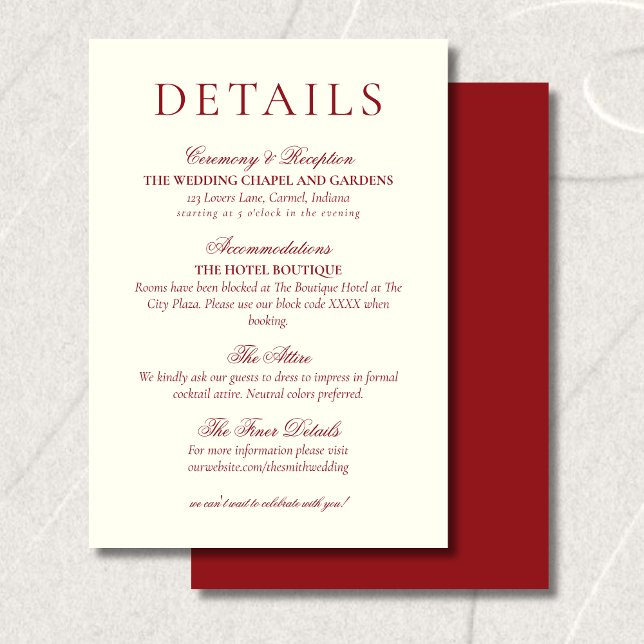 Klassiska Burgundy Röda Minimalistiska Bröllopsdet Tilläggskort (Classic Burgundy Red Minimalist Wedding Details Enclosure Card)
