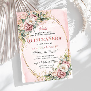 Klassiska dammiga rosa blommor Grönska Quinceanera Inbjudningar