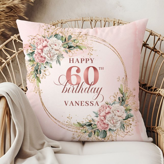 Klassiska dammrosa akvarellblommor 60-årsdag kudde (Classic Dusty Pink Watercolor Flowers 60th birthday pillow)