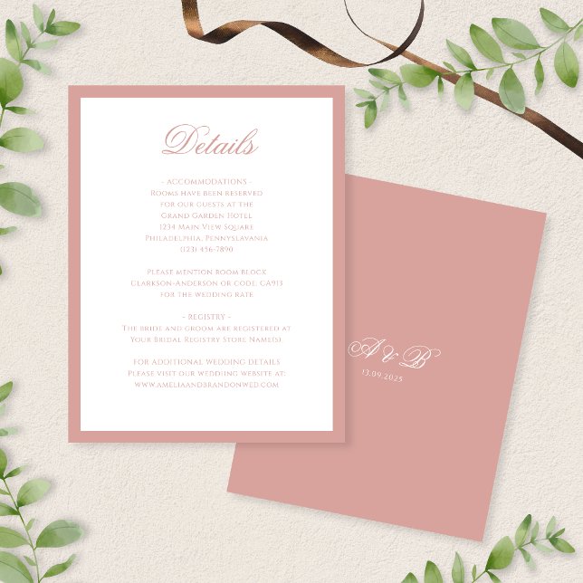 Klassiska Dammrosa Monogram Bokstav Wedding Detalj Tilläggskort (Skapare uppladdad)