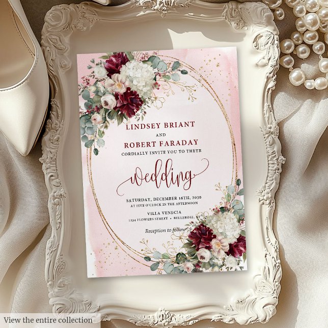 Klassiska djupa  bröllopsinbjudningar för guld blo inbjudningar (Classic deep red blush gold floral wedding invitation

)