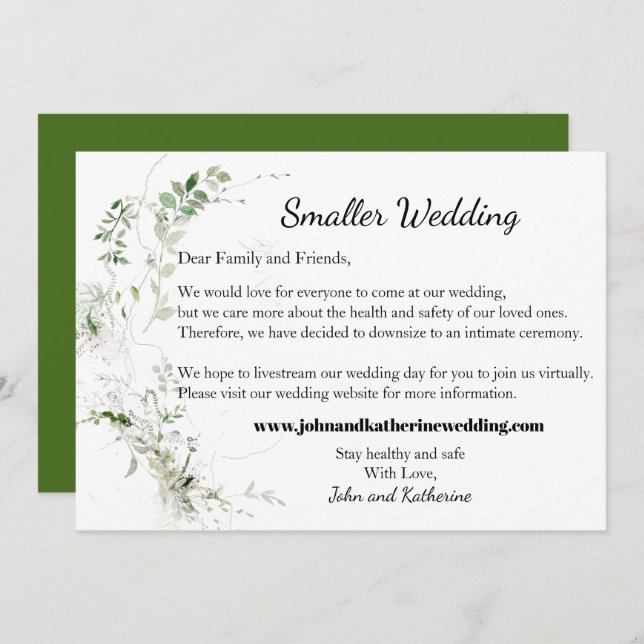 Klassiska Eleganta Gröna Blad Mindre Bröllop Meddelande (Fram/baksida)