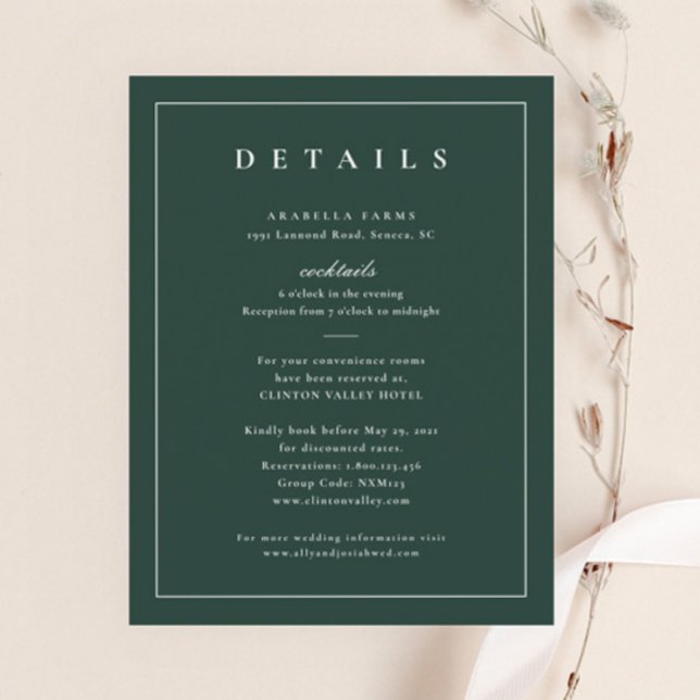 Klassiska Eleganta Gröna Bröllopsdetaljer Tilläggskort (Elegant Dark Green Wedding Details Enclosure Card.)