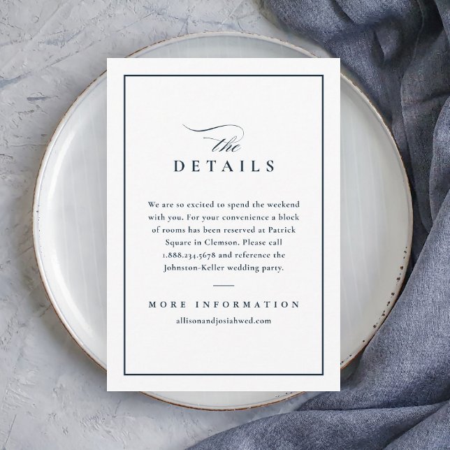 Klassiska Eleganta Marinblå Bröllopsdetaljer Tilläggskort (Elegant Navy Blue and White Wedding Details Enclosure Card.)