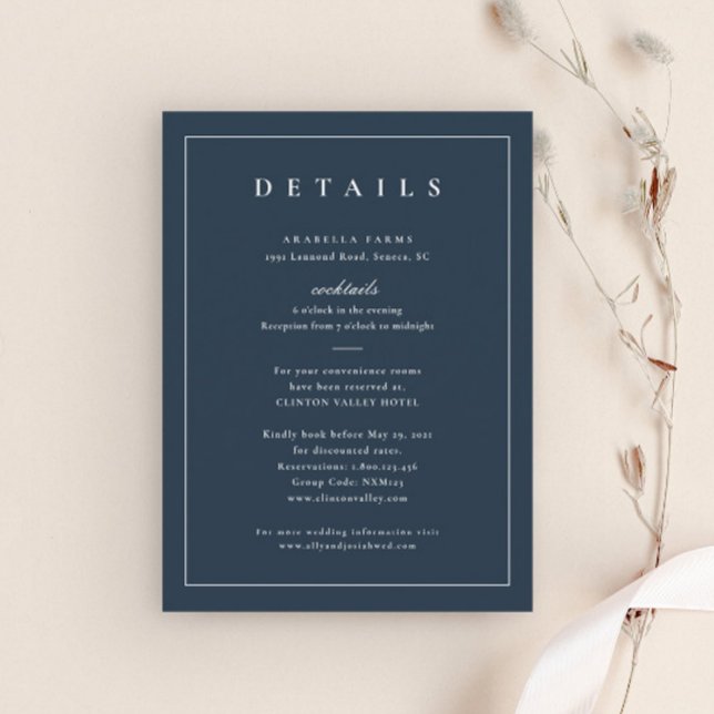Klassiska Eleganta Marinblå Bröllopsdetaljer Tilläggskort (Simple Navy Blue Wedding Details Enclosure Cards.)