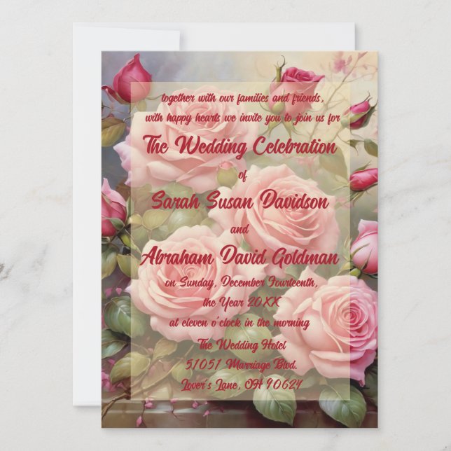 Klassiska Eleganta Rosa Rosor Bröllopsinbjudningar Inbjudningar (Framsida)