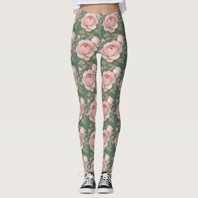 Klassiska engelska rosor i rosablå rosa leggings (Framsida)