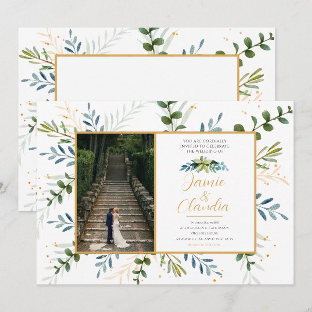 Klassiska formella bröllopsinbjudningar eucalyptus inbjudningar (Fram/baksida)