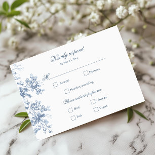 Klassiska franska blå blommor och band bröllop OSA kort