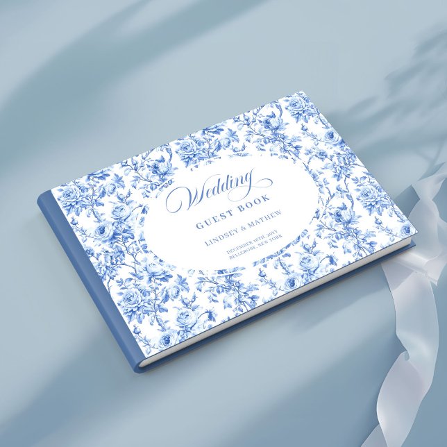 Klassiska franska blå rosor Toile-gästbok Gästböcker (Classic French Blue Roses Toile Guest Book)