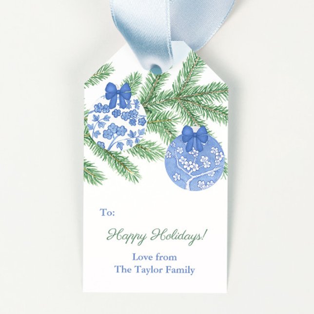 Klassiska Ginger Jar-ornamenter God Jul Presentetikett (Hand painted in watercolor blue and white cherry blossom chinoiserie merry christmas gift tags)