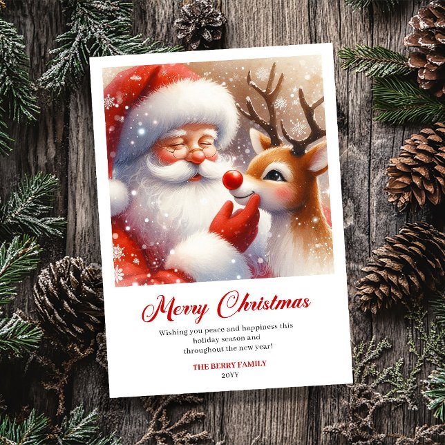Klassiska Glada Tomten Med Rudolf Julhälsning Julkort (Classic Jolly Santa With Rudolph Christmas Greeting Card)