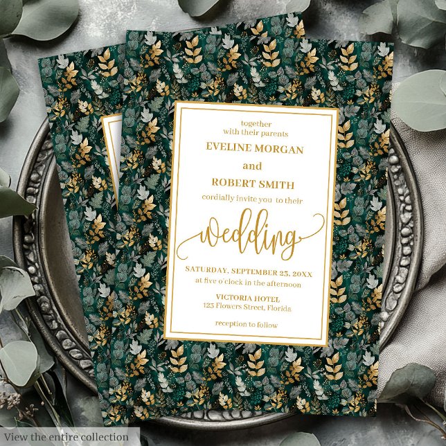 Klassiska Grönt Guld Foliage-Bröllopsinbjudningar Inbjudningar (Classic Forest Green Gold Foliage Wedding Invitation)