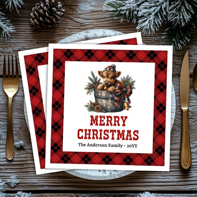 Klassiska högländska ko röda svarta tartan servett (Classic highland cow red black tartan napkin)
