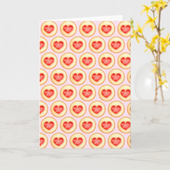 Klassiska jordgubbshjärttumavtryckskookies kort (Gul blomma)