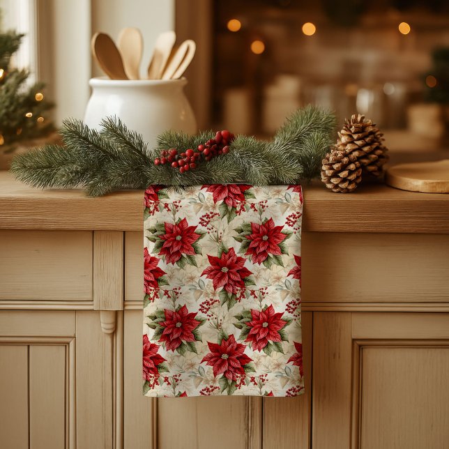 Klassiska julblommor handduk mysig rustik dekorati kökshandduk (Classic Christmas Flowers Towel Cozy Rustic Decor)