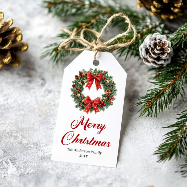 Klassiska julkrans presenttaggar presentetikett (Classic Christmas Wreath Holiday Gift Tag)