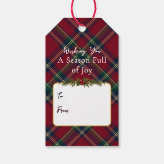 Klassiska julpresenttaggar med tartan-rutmönster presentetikett