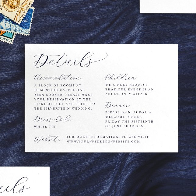 Klassiska kalligrafi vita bröllopsdetaljer tilläggskort (Classic Calligraphy White Wedding Details Enclosure Card)