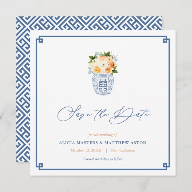 Klassiska kinesiska höstblommor Bröllop Spara Datumet (Fram/baksida)