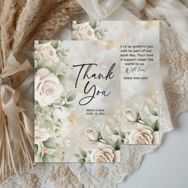 Klassiska krämfärgade blommor Salvia Gröna blad Br Tack Kort (Classic and elegant ivory roses and sage green leaves wedding thank you card)