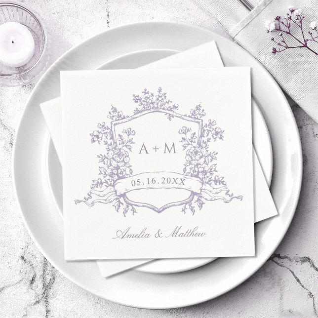 Klassiska Lavendel Blommiga Kam Wedding Monogram Pappersservett (Skapare uppladdad)
