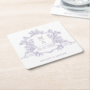 Klassiska Lavendel Blommiga Vapen Monogram Bröllop Underlägg Papper Kvadrat