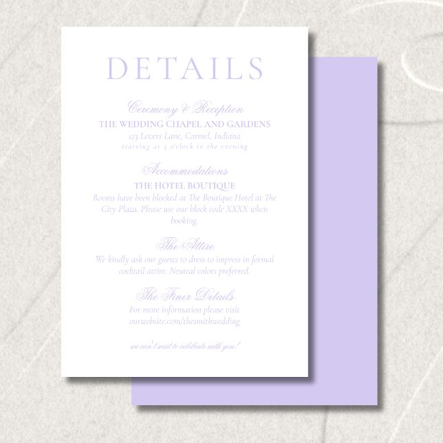 Klassiska Lavendel Minimalistiska Bröllopsdetaljer Tilläggskort (Classic Lavender Minimalist Wedding Details Enclosure Card)