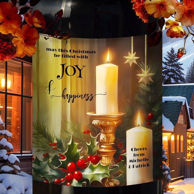 Klassiska ljus, Mistletoe-jul Vinflaska Etikett (Classic Christmas wine label featuring candles, mistletoe and red berries, and gold stylized stars)