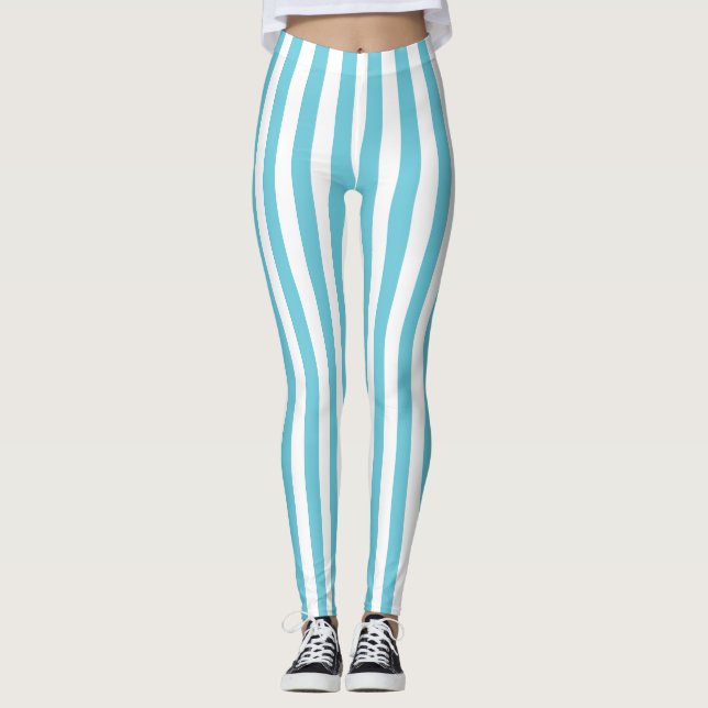 Klassiska ljusblå och vita vertikala ränder leggings (Framsida)