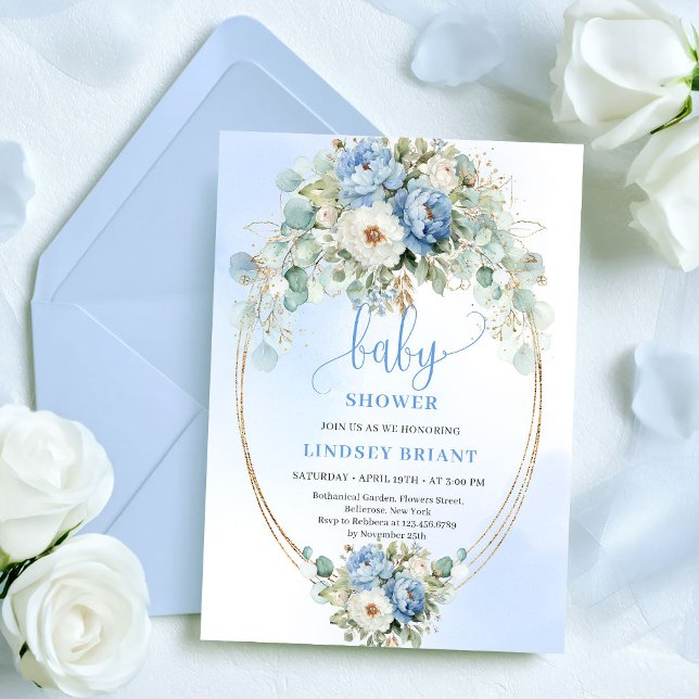 Klassiska ljusblå peonier Eucalyptus Baby Shower-i Inbjudningar (Classic Light Blue Peonies Eucalyptus Baby Shower

)