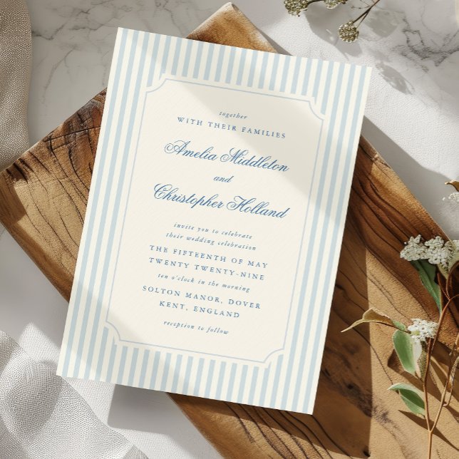 Klassiska ljusblå ränder Bröllop Inbjudningar (formal and elegant French blue stripes wedding invitation with timeless typography)