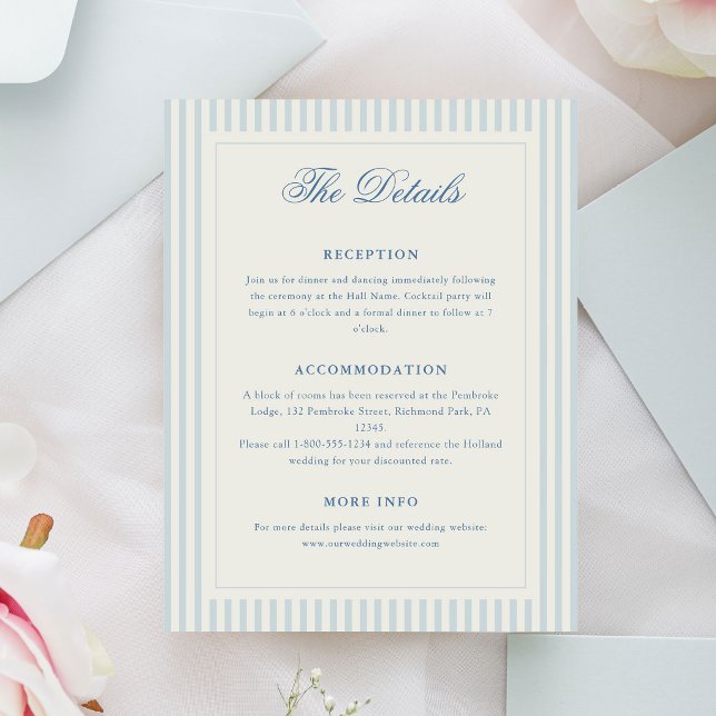 Klassiska ljusblå ränder Detaljer Tilläggskort (classic wedding details card with light blue stripes and elegant typography)