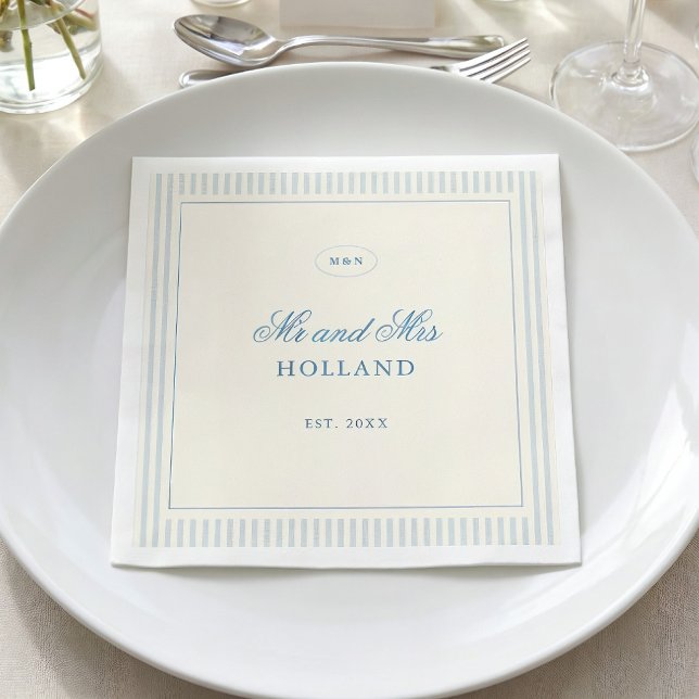 Klassiska ljusblå ränder Mr och Mrs bröllop Pappersservett (classic light blue stripes "Mr and Mrs" wedding napkins)