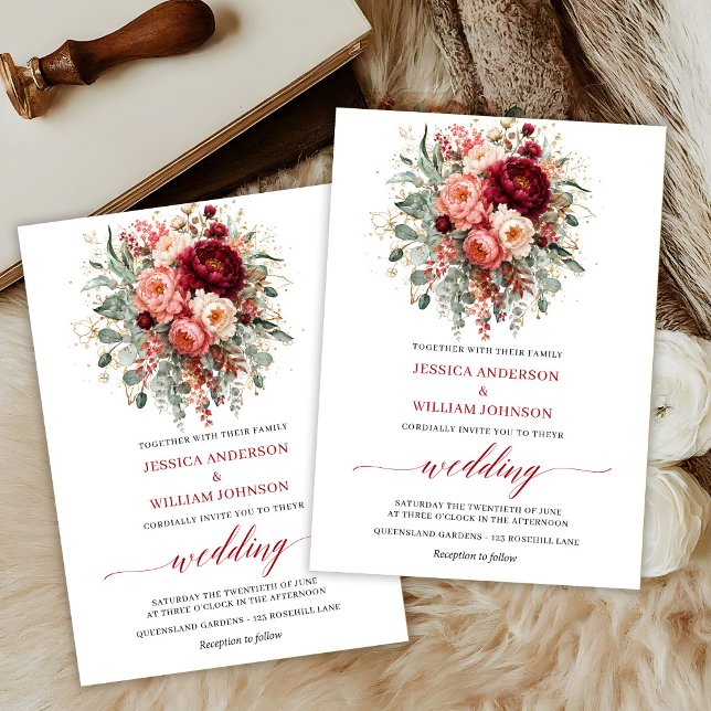 Klassiska Marsala Blommor Grönska Höst Bröllopsinb Inbjudningar (Classic Marsala Flowers Greenery Fall Wedding Invite

)