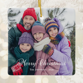 Klassiska Merry Christmas Kalligrafi Foton Julgransprydnad Keramik