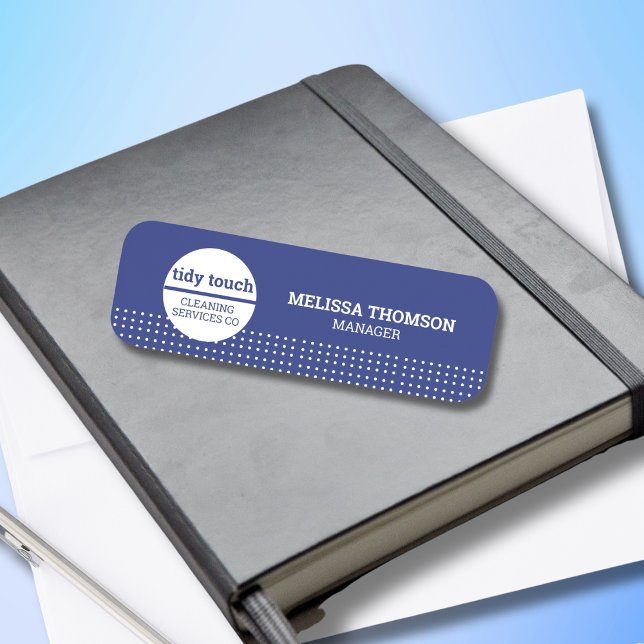 Klassiska, moderna, blå Polka dots-Städning Namnbricka (Skapare uppladdad)