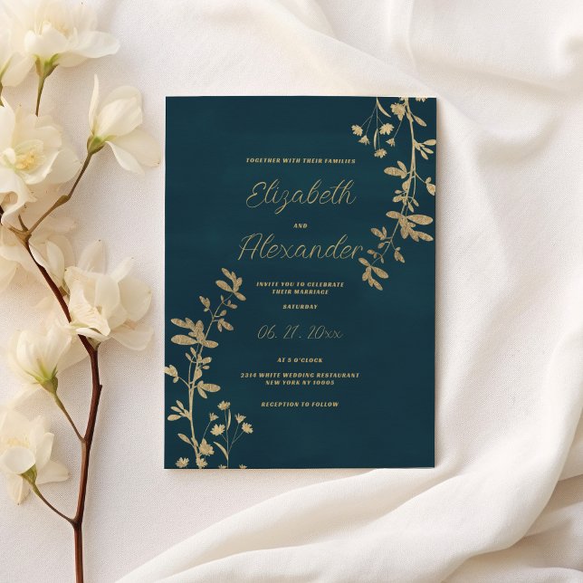 Klassiska mörkgröna eleganta gyllene blommande brö inbjudningar (Classic dark green elegant gold floral wedding)