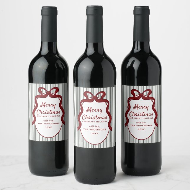 Klassiska mörkgröna ränder & röd rosett jul vinflaska etikett (Flaskor)
