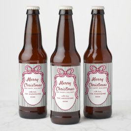 Klassiska mörkgröna ränder & rosa julslinga  ölflaska etikett